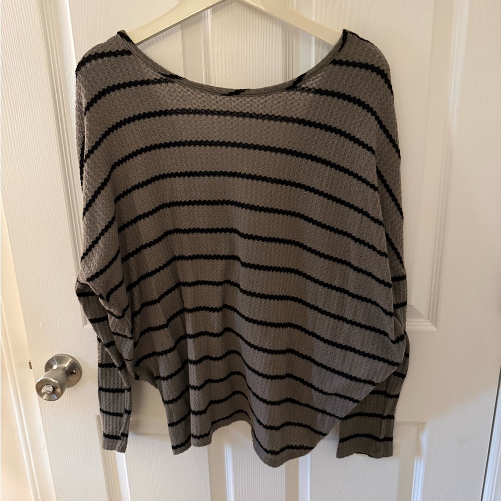 Carly Jean Los Angeles Gray and Black Striped Sweater w/ twist back detail